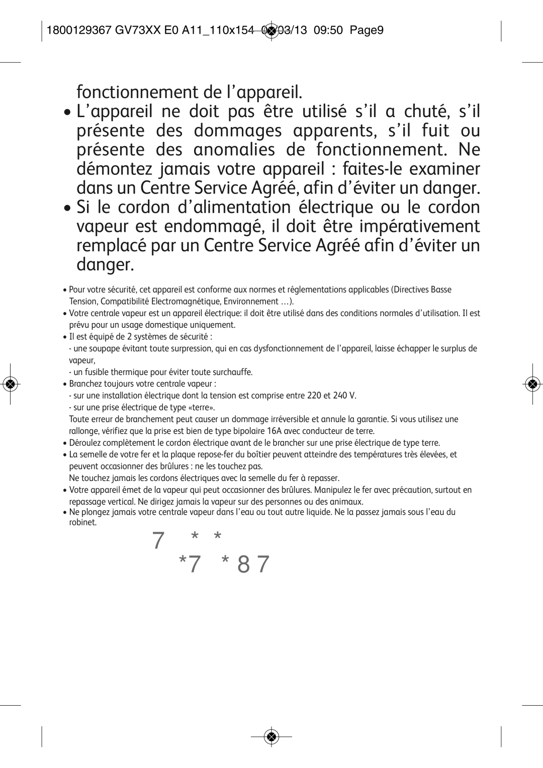 Tefal GV7315E0 manual Fonctionnement de l’appareil, 1800129367 GV73XX E0 A11110X154 01/03/13 0950 PAGE9 