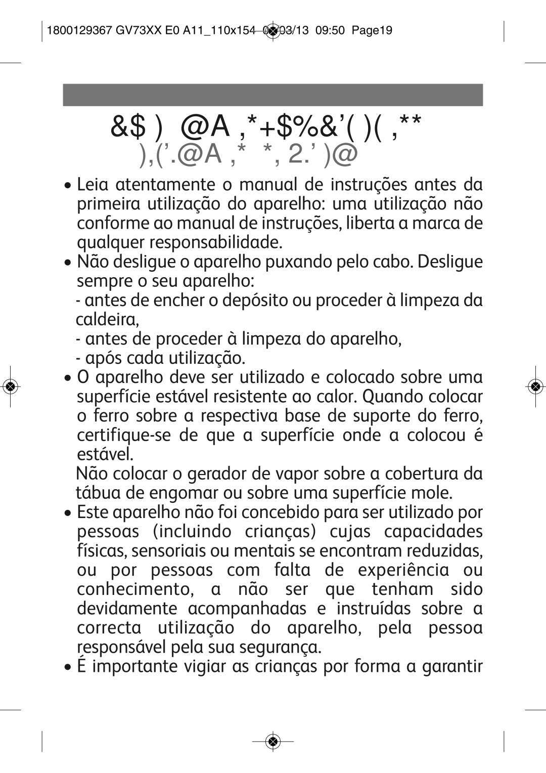 Tefal GV7315E0 Recomendações importantes, Instruções de segurança, 1800129367 GV73XX E0 A11110X154 01/03/13 0950 PAGE19 