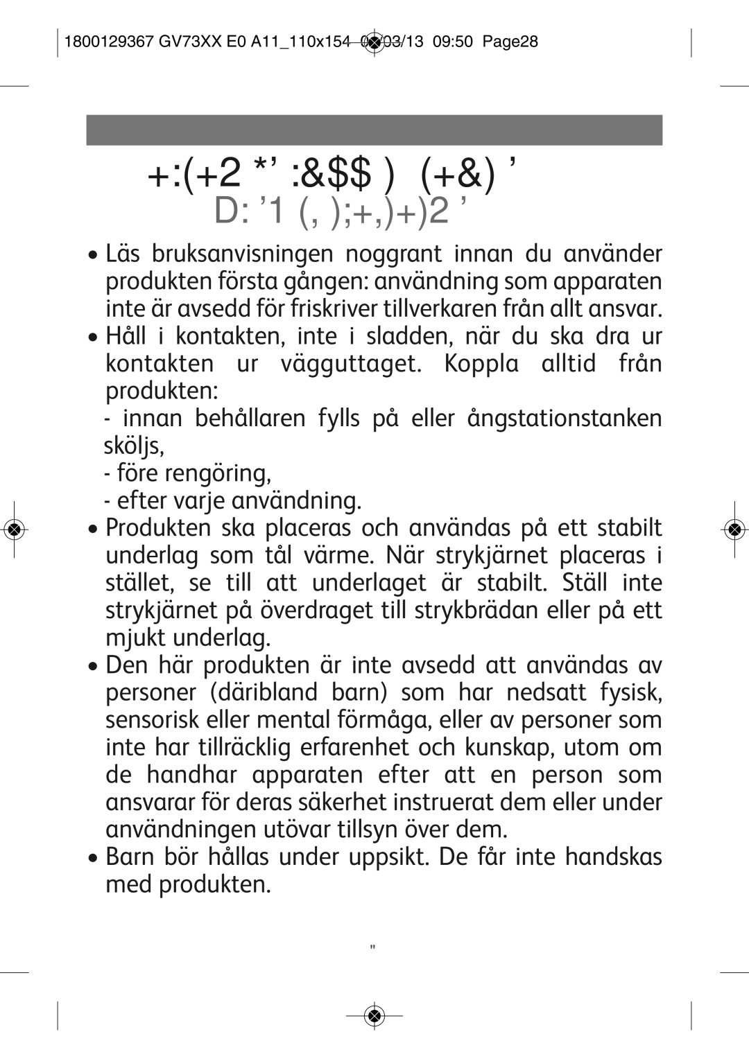 Tefal GV7315E0 manual Viktiga rekommendationer, Säkerhetsanvisningar, 1800129367 GV73XX E0 A11110X154 01/03/13 0950 PAGE28 