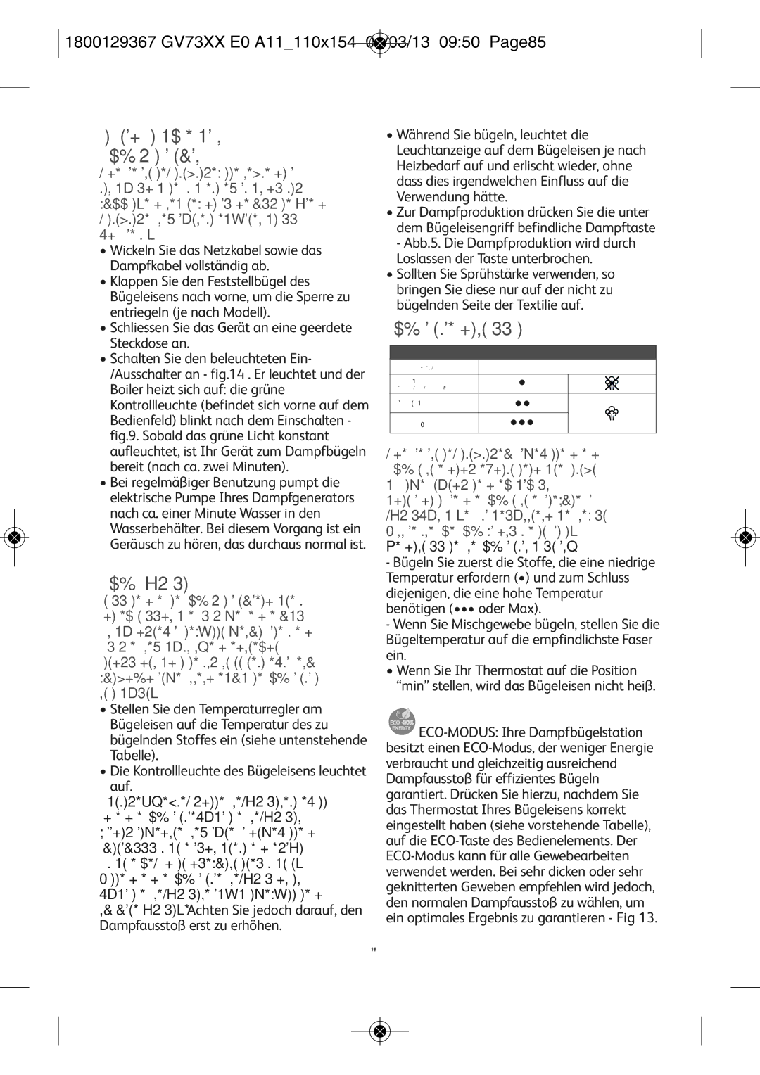 Tefal GV7315E0 manual Benutzung, 1800129367 GV73XX E0 A11110X154 01/03/13 0950 PAGE85 