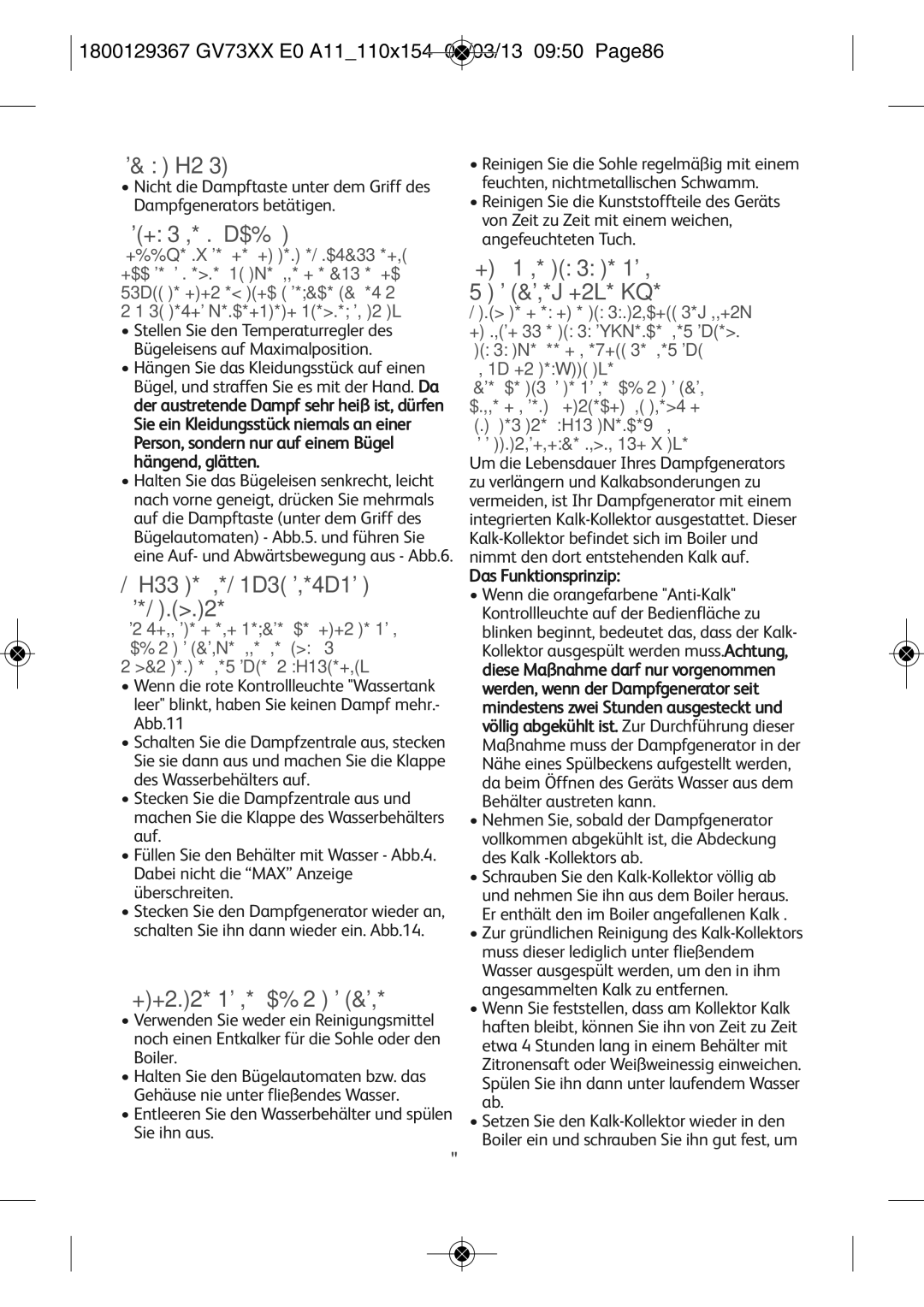 Tefal GV7315E0 manual Instandhaltung und Reinigung, 1800129367 GV73XX E0 A11110X154 01/03/13 0950 PAGE86 
