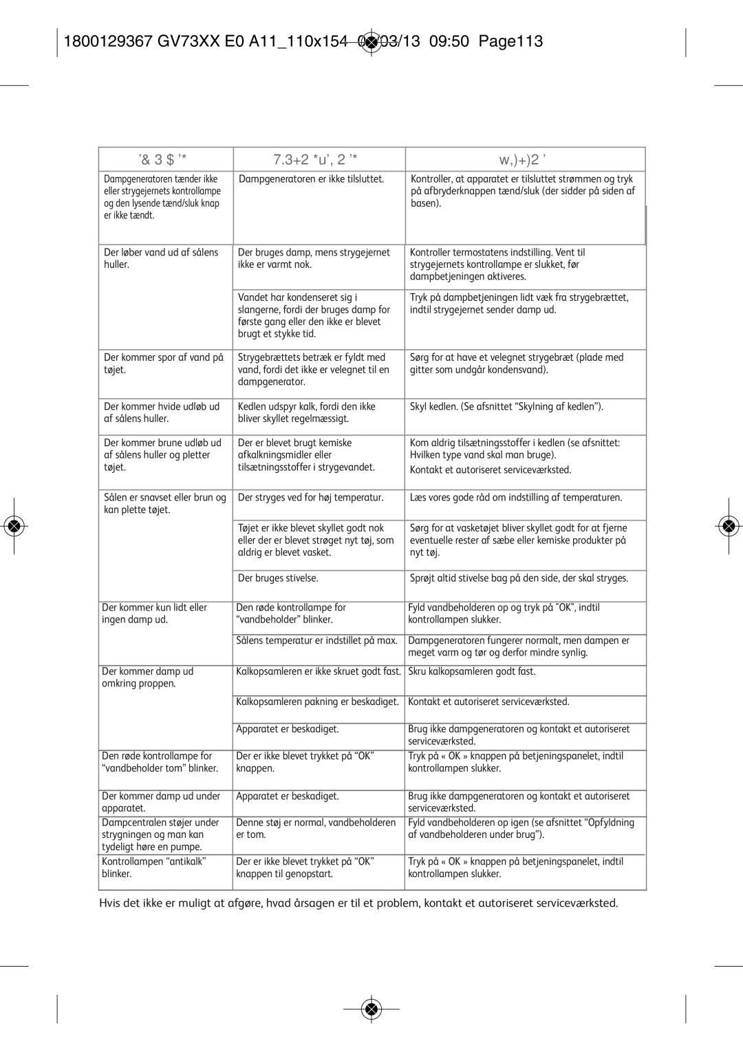 Tefal GV7315E0 manual Er der problemer med dampgeneratoren?, 1800129367 GV73XX E0 A11110X154 01/03/13 0950 PAGE113 