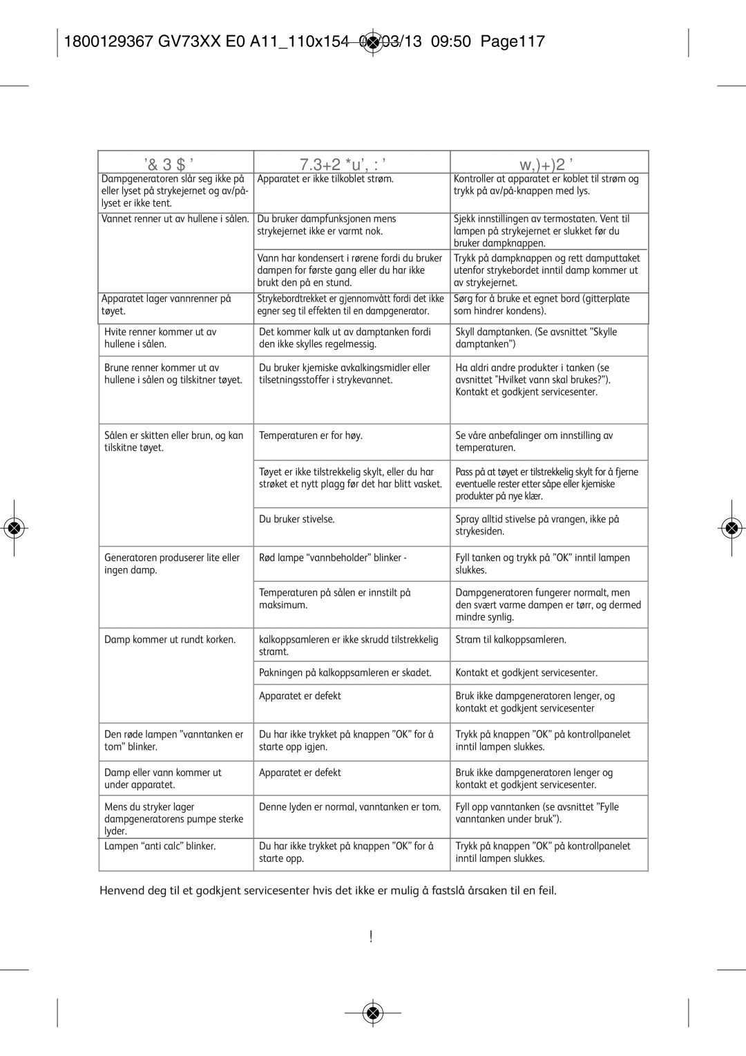 Tefal GV7315E0 manual Problemer med dampgeneratoren?, 1800129367 GV73XX E0 A11110X154 01/03/13 0950 PAGE117 