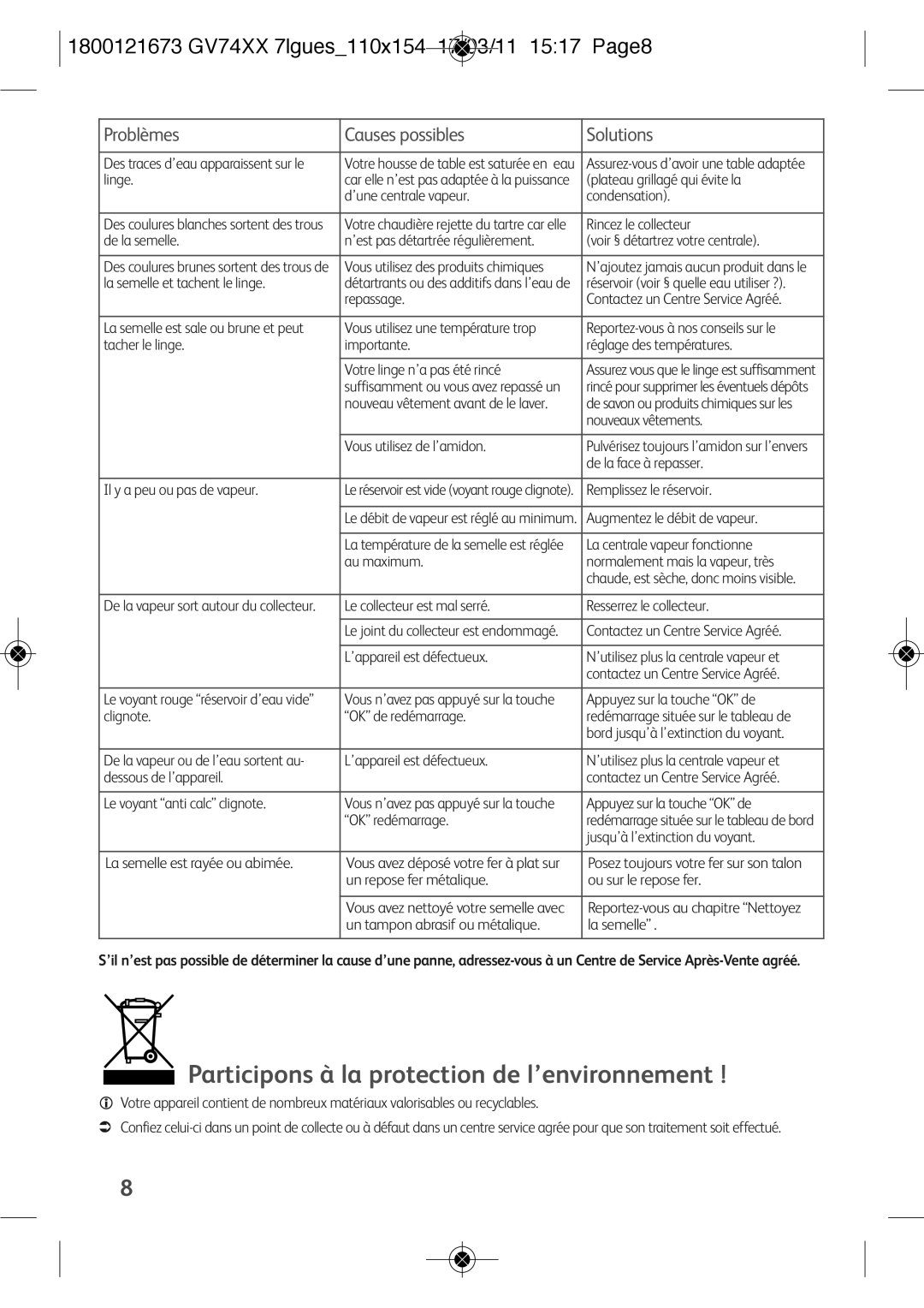 Tefal GV7485C0 manual Participons à la protection de l’environnement, 1800121673 GV74XX 7lgues110x154 17/03/11 1517 Page8 