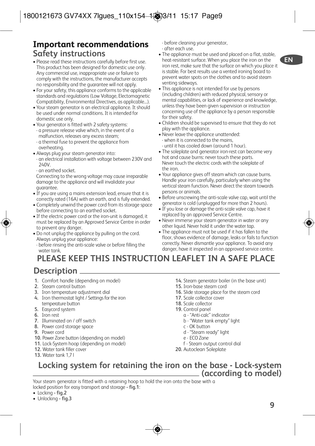 Tefal GV7485E0 manual Important recommendations Safety instructions, 1800121673 GV74XX 7lgues110x154 17/03/11 1517 Page9 