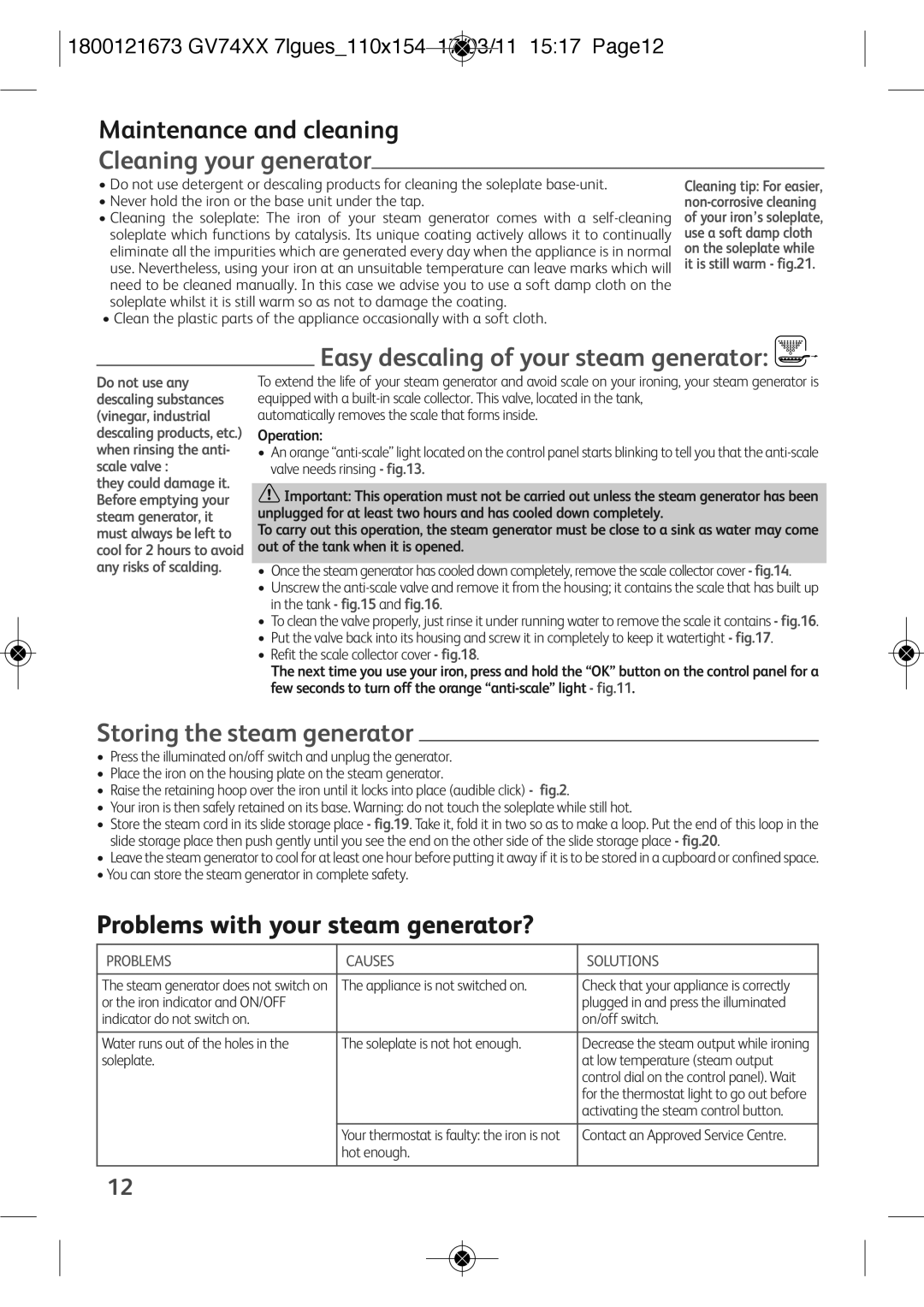 Tefal GV7485C0, GV7485E0 manual Maintenance and cleaning, Cleaning your generator, Easy descaling of your steam generator 