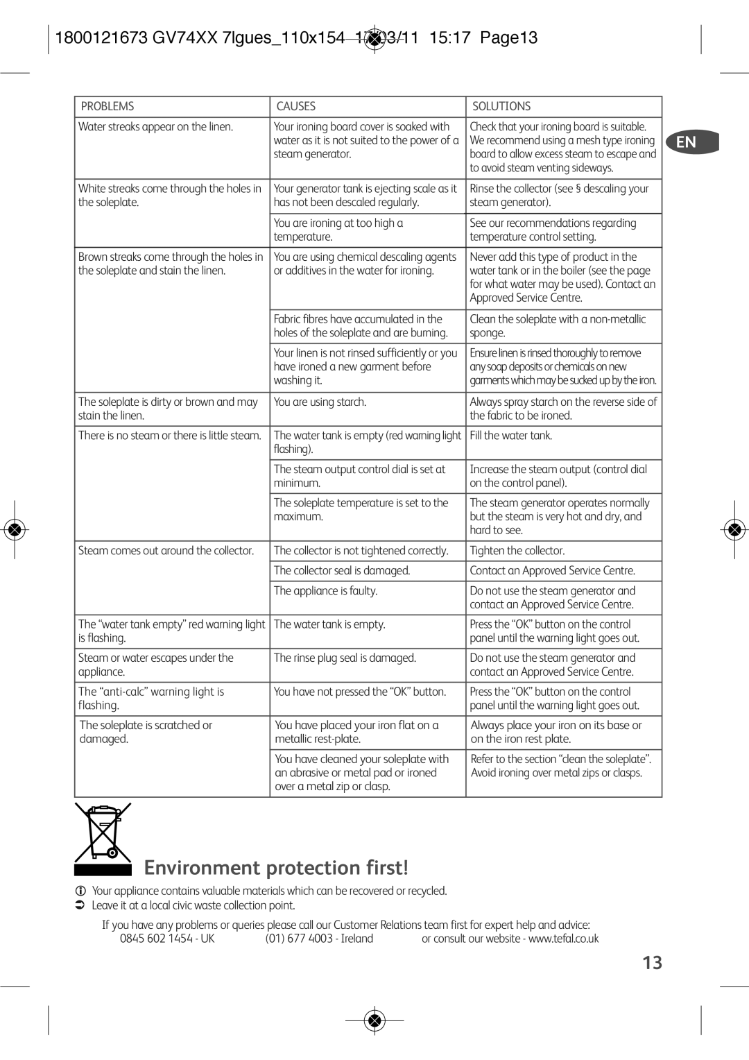 Tefal GV7485E0, GV7485C0 manual Environment protection first, 1800121673 GV74XX 7lgues110x154 17/03/11 1517 Page13 