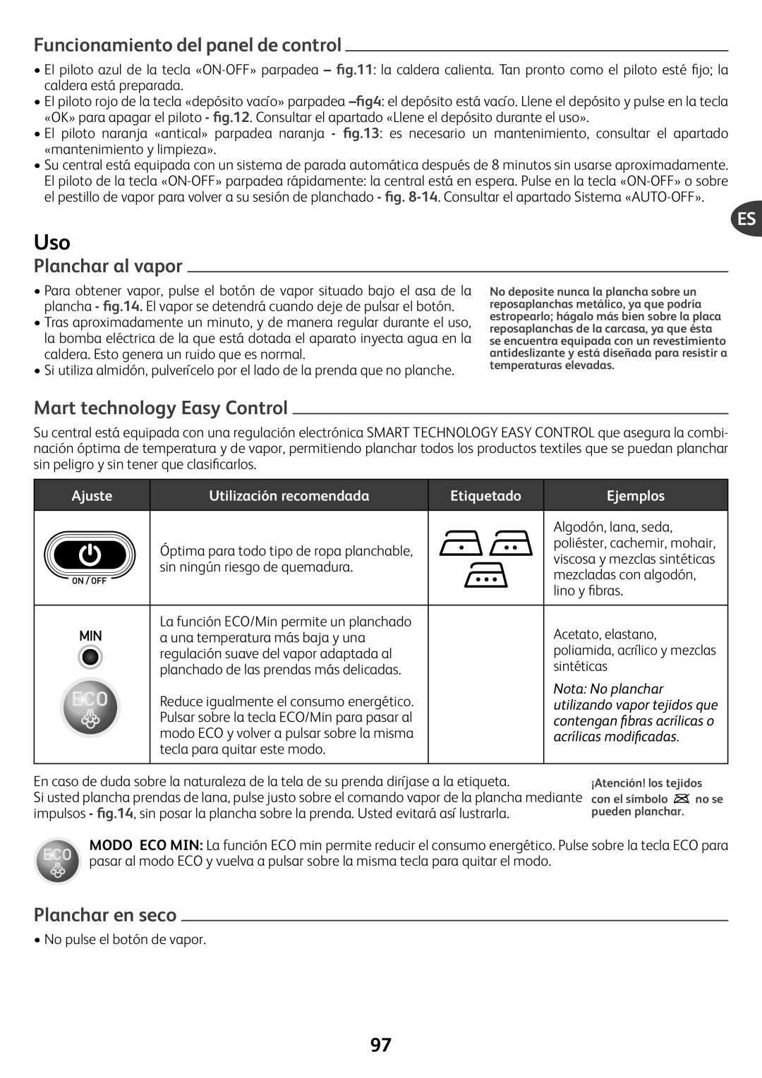 Tefal GV7550M0 Uso, Funcionamiento del panel de control, Planchar al vapor, Mart technology Easy Control, Planchar en seco 