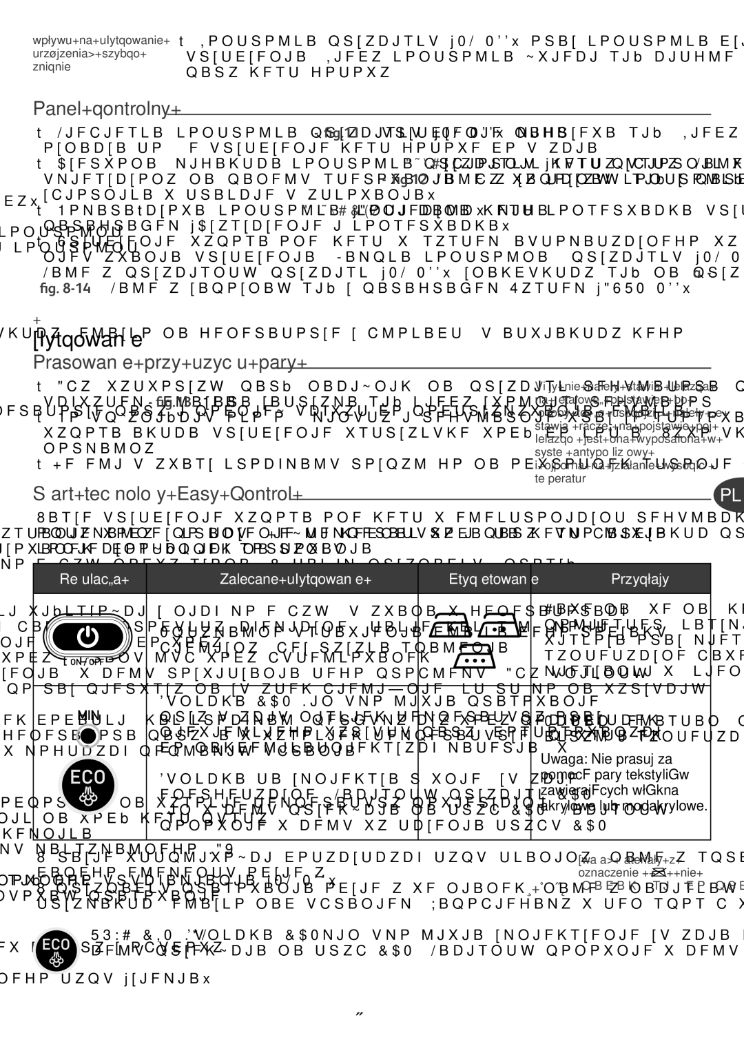 Tefal GV7550M0 Użytkowan, Prasowanzy uzycy, 137, Panel kontrolny, Regulacja Zalecane użytkowane Etyketowane Przykłady 