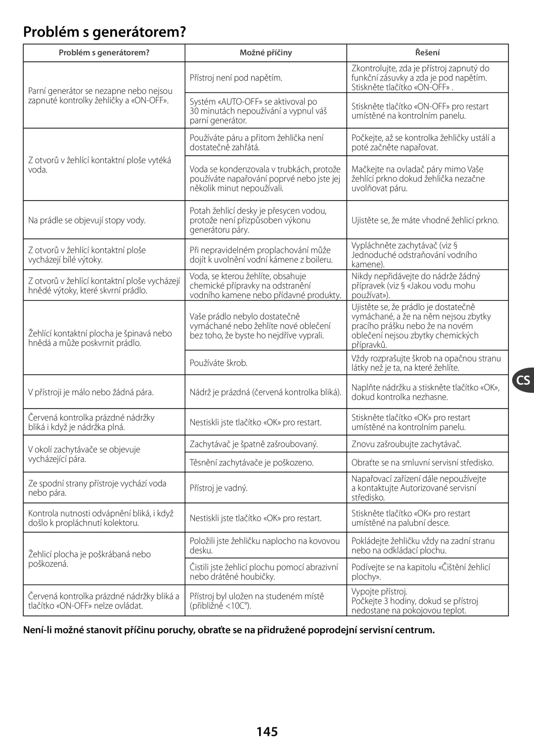 Tefal GV7550M0, GV7550CH, GV7550C0, GV7550S0, GV7550G0, GV7550E0, GV7550Z0, GV7550T0 manual Problém s generátorem?, 145 
