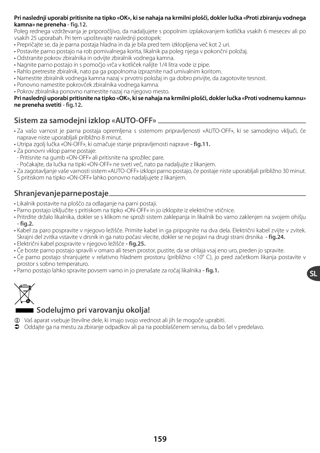 Tefal GV7550G0, GV7550CH manual Sem za samodejnlop «AUTO-OFF», Sodelujmo prarovanju okolja, 159, Shranjevanjeparnepostaje 