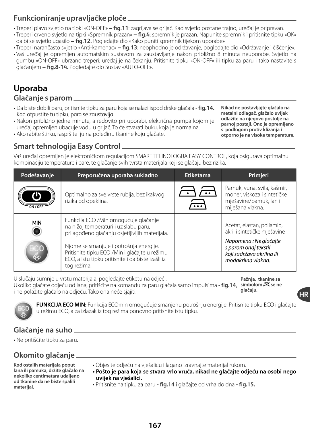 Tefal GV7550G0 manual Funkcanje upravljačke ploče, Glačanje s parom, Smart tehnologontrol, Glačanje na suho, Okomo glačanje 