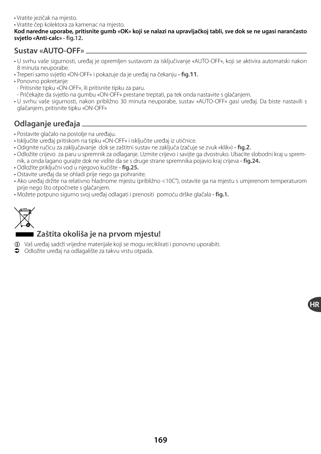 Tefal GV7550M0, GV7550CH, GV7550C0, GV7550S0, GV7550G0, GV7550E0 Zaštolvom mjestu, 169, Odlaganje uređaja, NjovubOfvqpsbcf 