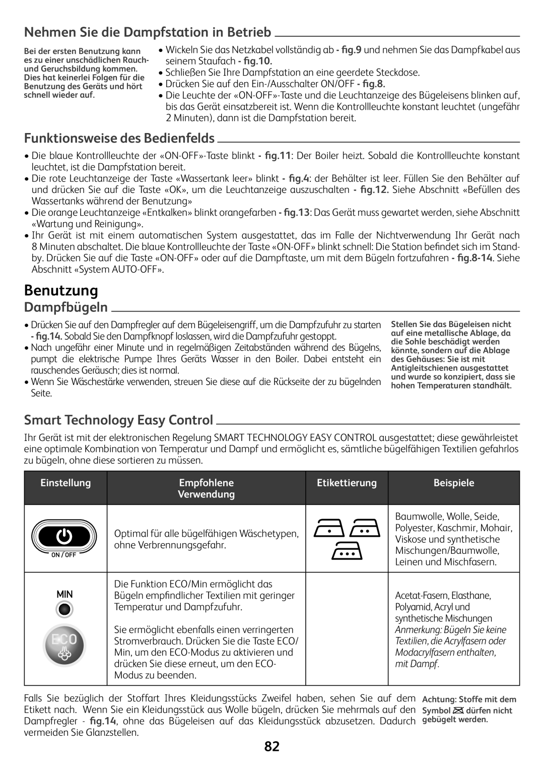 Tefal GV7550Z0, GV7550CH Benutzung, Nehmen Sie die Dampfstation in Betrieb, Funktionsweise des Bedienfelds, Dampfbügeln 