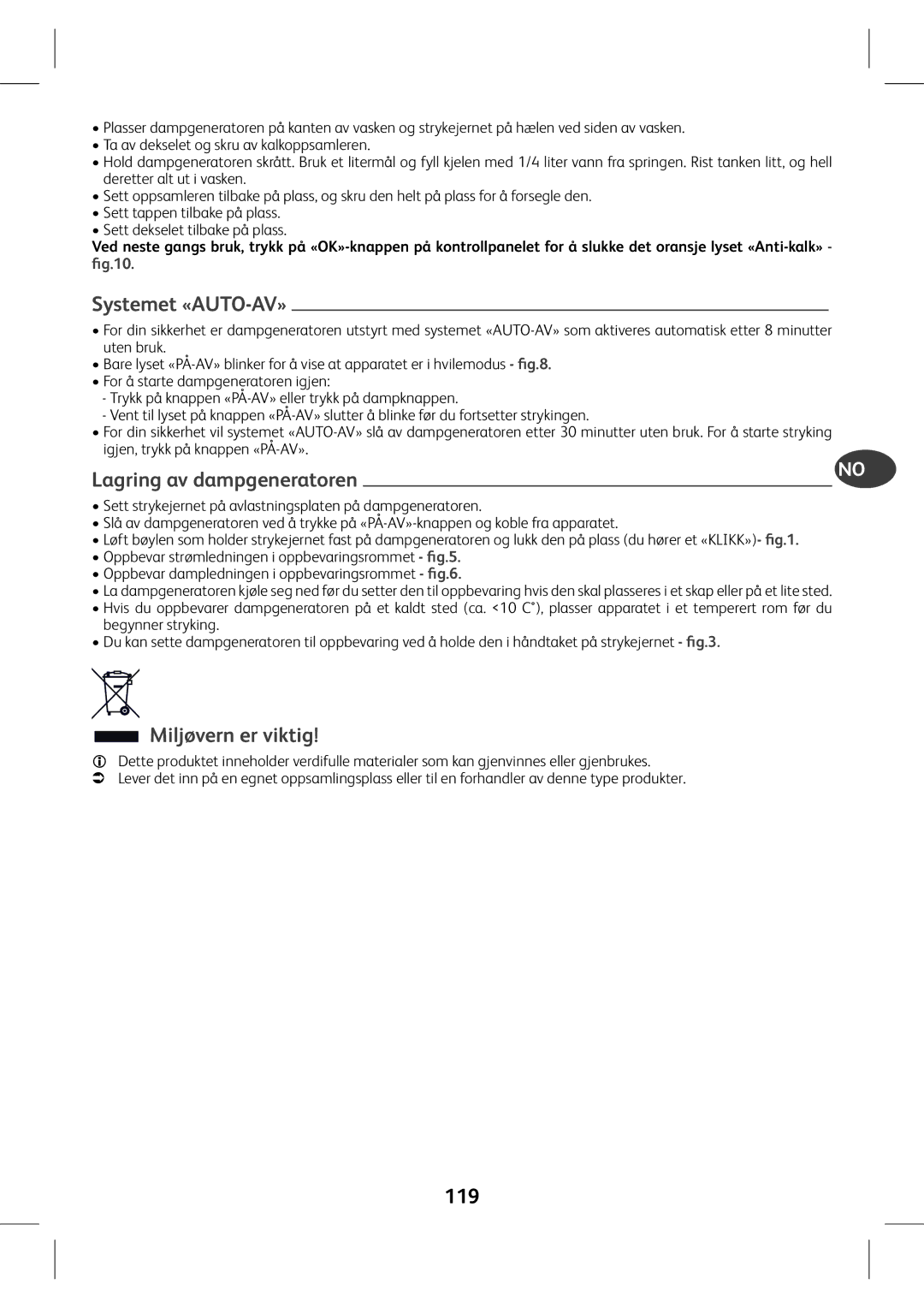 Tefal GV7630CH, GV7630E0, GV7630G0, GV7630C0 Systemet «AUTO-AV», Lagring av dampgeneratoren, BakZgcZgk`i\, 119, ﬁg.10 