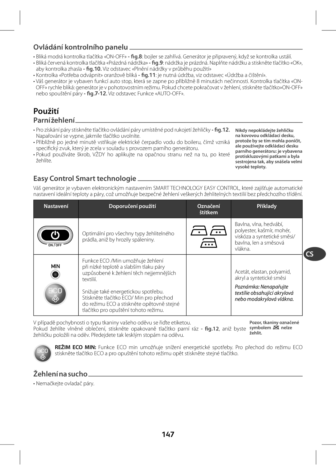 Tefal GV7630C0, GV7630CH, GV7630E0, GV7630G0, GV7630Z0 manual Použ, Ovládání kontrolního panelu, Žehlení na sucho, 147 