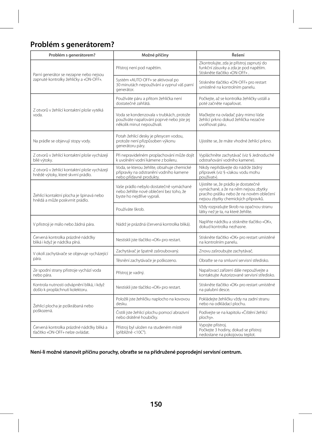 Tefal GV7630E0, GV7630CH, GV7630G0, GV7630C0, GV7630Z0 manual 150, Problém s generátorem? Možné příčiny Řešení 