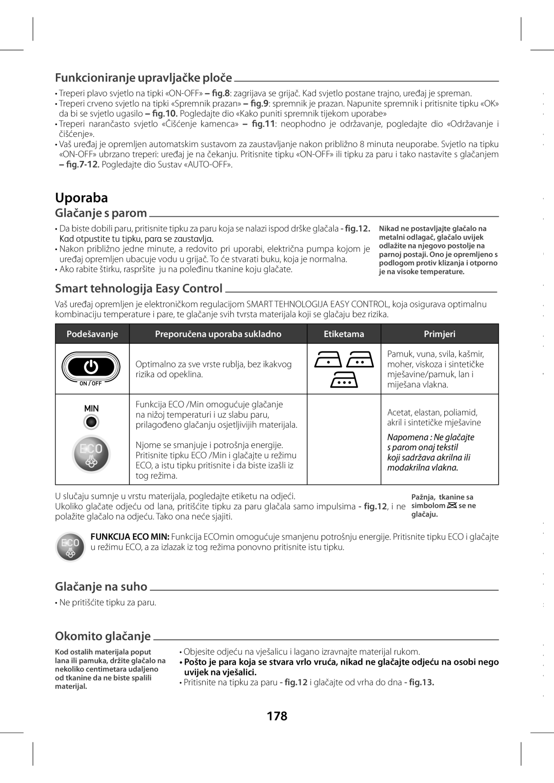 Tefal GV7630Z0 manual Funkcanje upravljačke ploče, Glačanje s parom, Smart tehnologontrol, Glačanje na suho, Okomo glačanje 