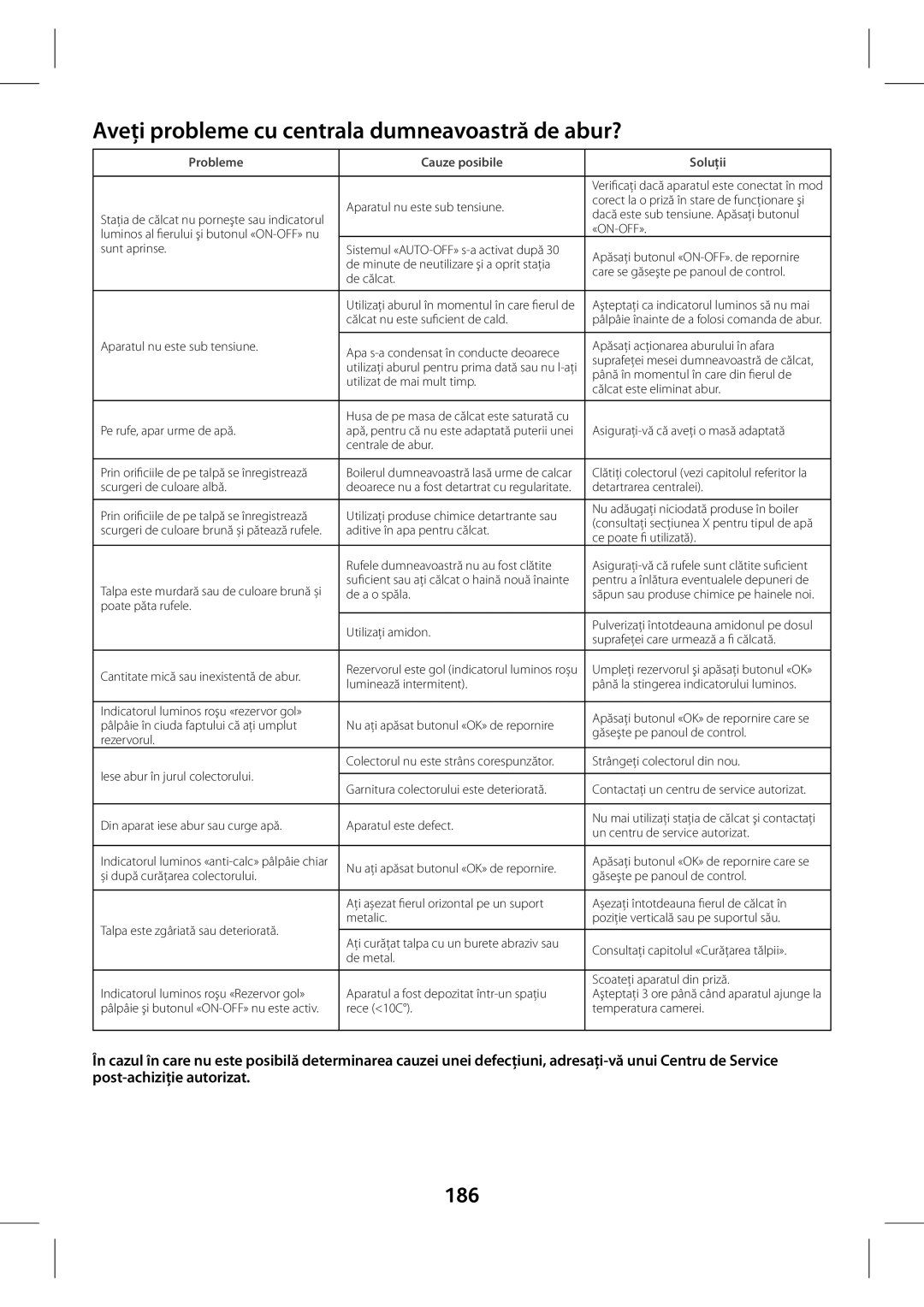 Tefal GV7630G0, GV7630CH, GV7630E0 manual Aveţobleme cu centrala dumneavoastră de abur?, 186, Probleme Cauze posibile Soluţii 