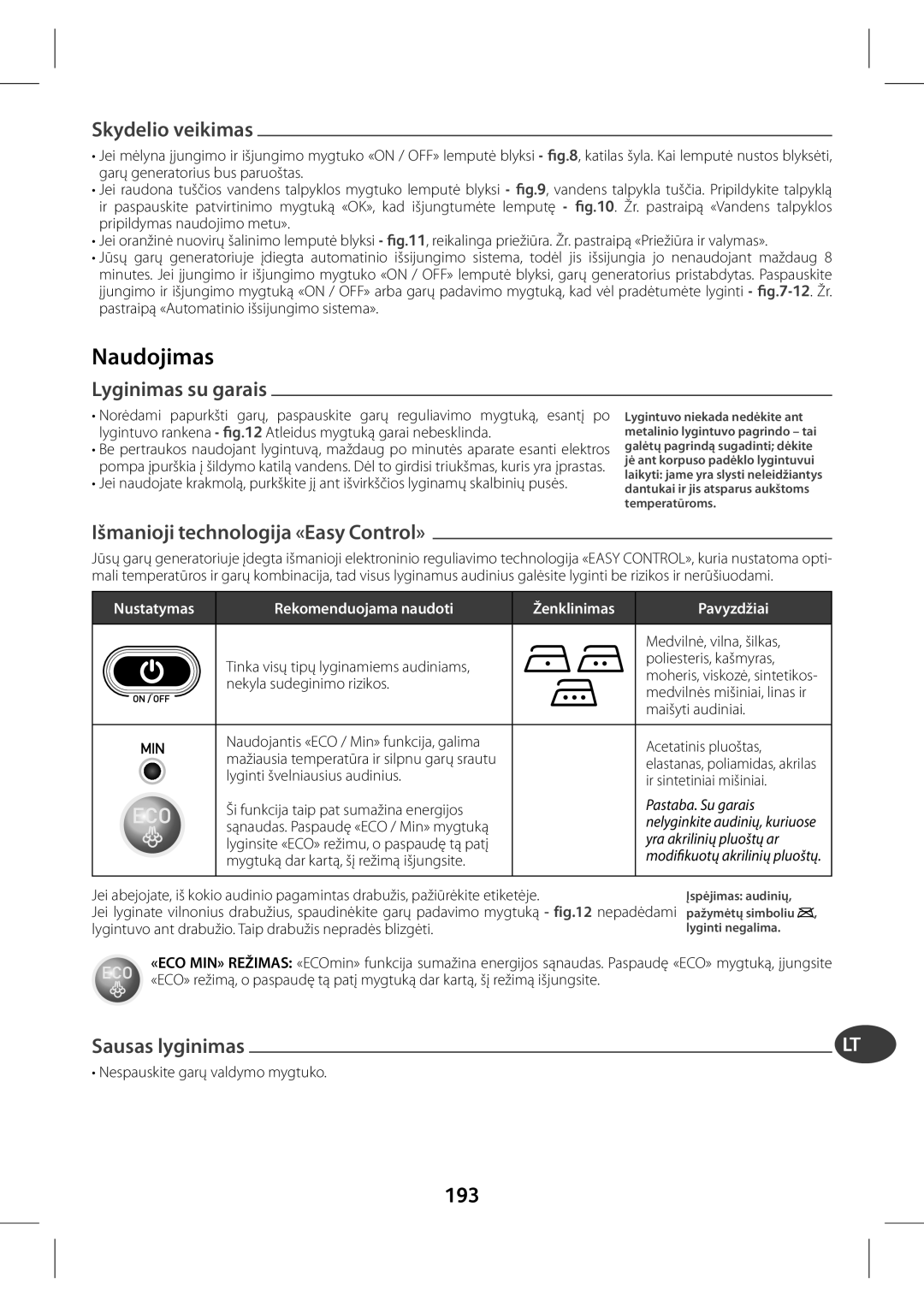 Tefal GV7630Z0, GV7630CH, GV7630E0, GV7630G0, GV7630C0 manual Naudoj, Skydele, Lyga, Išmantechnolog«Easy Control», Sausas lyg 