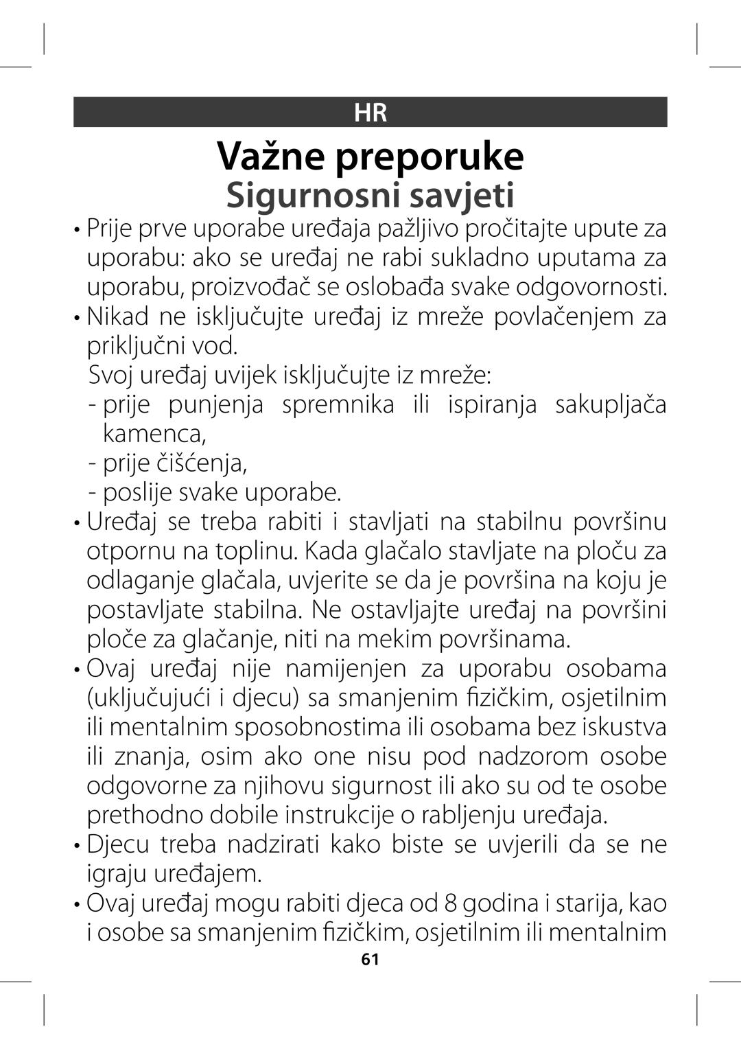 Tefal GV7630G0 manual Važne preporuke, Sigurnosni savjeti, QsjlmkvřojWpe,  QptmjkfTwblfVqpsbcf, JhsbkvVsfŝbkfn 