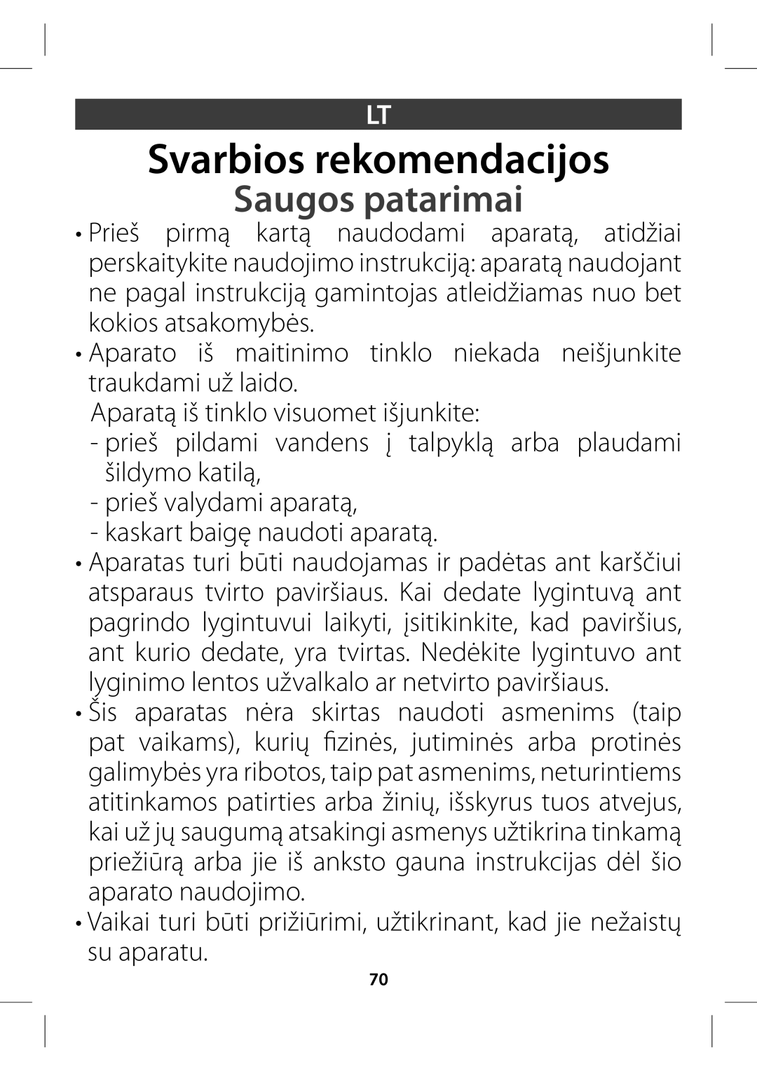 Tefal GV7630E0 manual Svarbios rekomendacijos, Saugos patarimai,  QBSBUŕJÝUJOLMPWJTVPNFUJÝKVOLJUF, BqbsbupObvepkjnp 