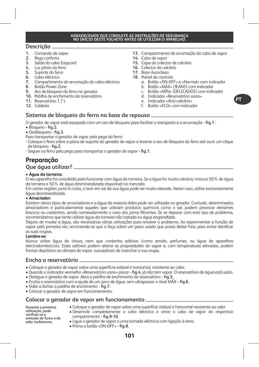 Tefal GV7760C0 manual Encha o reservatórioHR, Colocar o gerador de vapor em funcionamento, Descrição, Que água utilizar? 