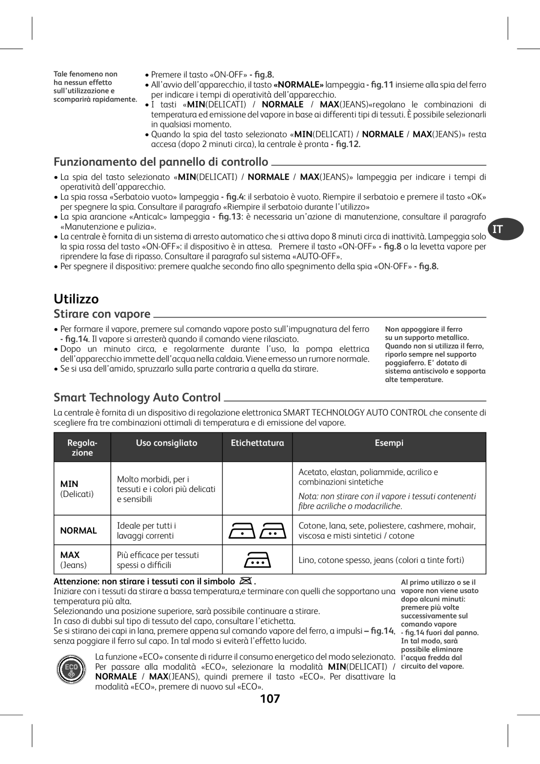 Tefal GV7760C0, GV7760CH, GV7760E0 manual 107, Funzionamento del pannello di controllo, Stirare con vapore 