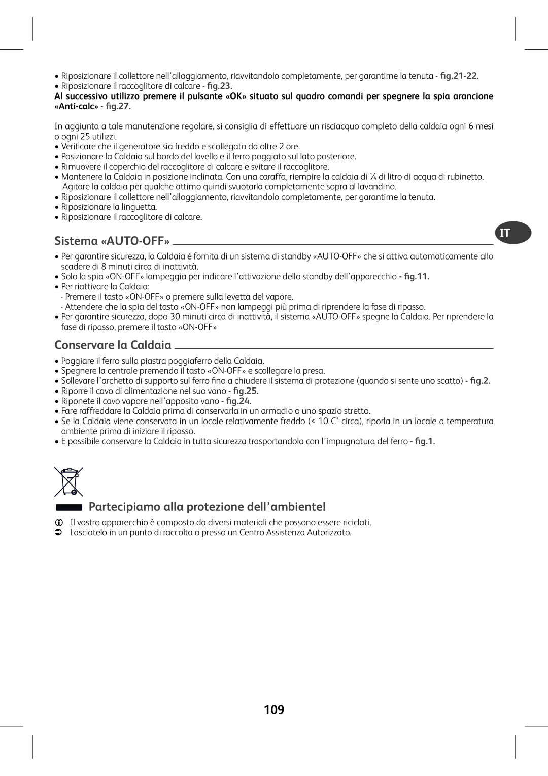 Tefal GV7760E0, GV7760CH manual Conservare la Caldaia, Partecipiamo alla protezione dell’ambiente, 109, «Anti-calc» ﬁg.27 