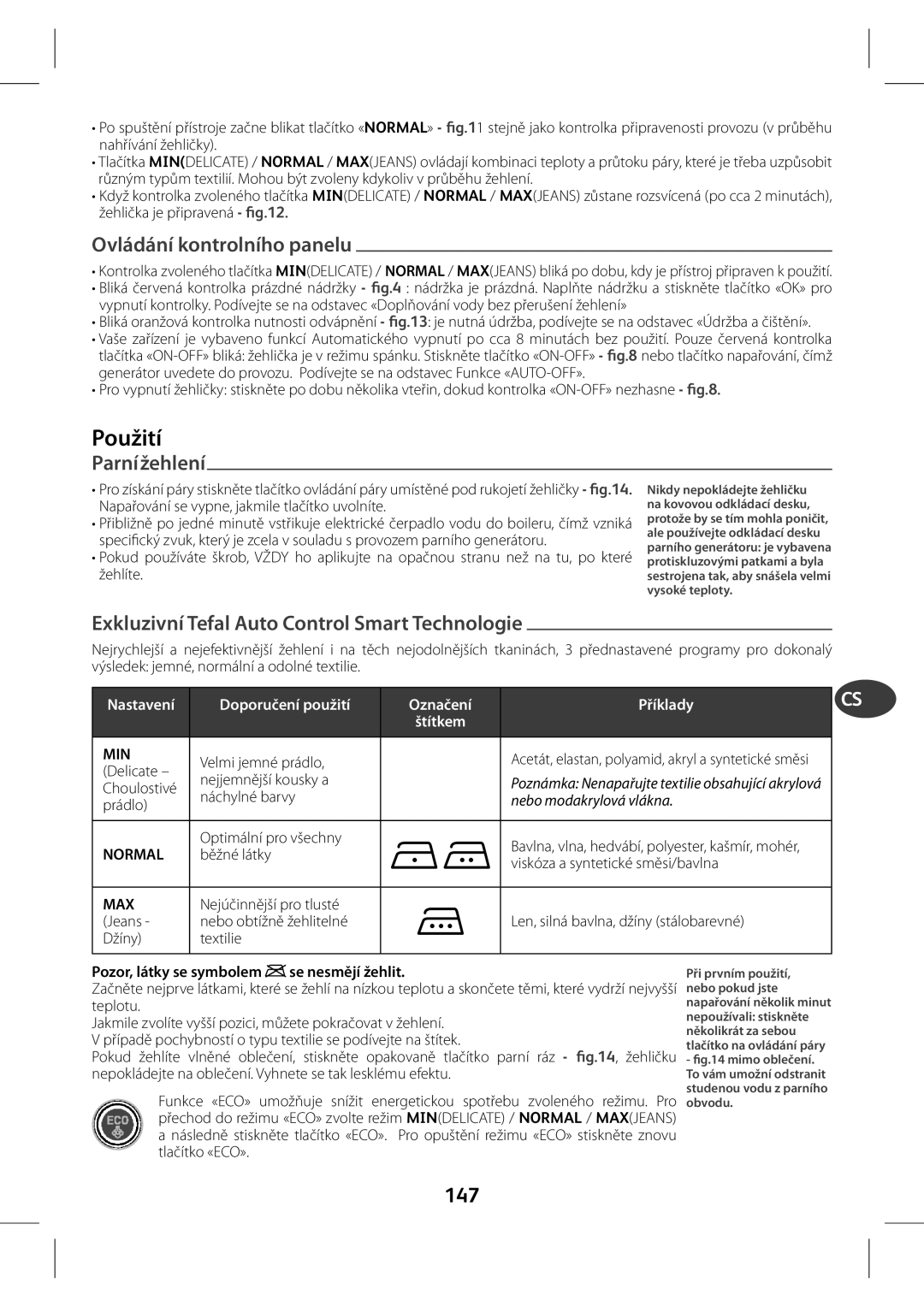 Tefal GV7760CH manual Použití, Ovládání kontrolního panelu, Parnížehlení, Exkluzivní Tefal Auto Control Smart Technologie 