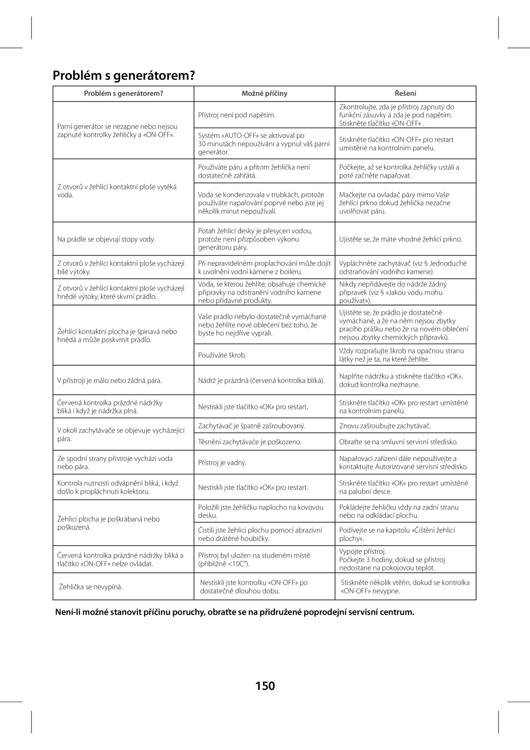 Tefal GV7760CH, GV7760E0, GV7760C0 manual 150, Problém s generátorem? Možné příčiny Řešení 