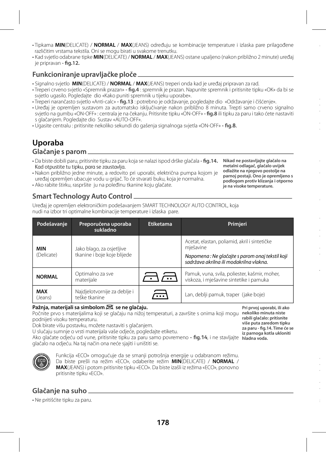 Tefal GV7760E0, GV7760CH, GV7760C0 manual Funkcioniranje upravljačke ploče, Glačanje s parom, Glačanje na suho, 178 