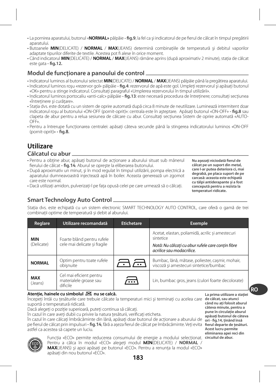 Tefal GV7760CH, GV7760E0, GV7760C0 manual Utilizare, Modul de funcționare a panoului de control, Călcatul cu abur 