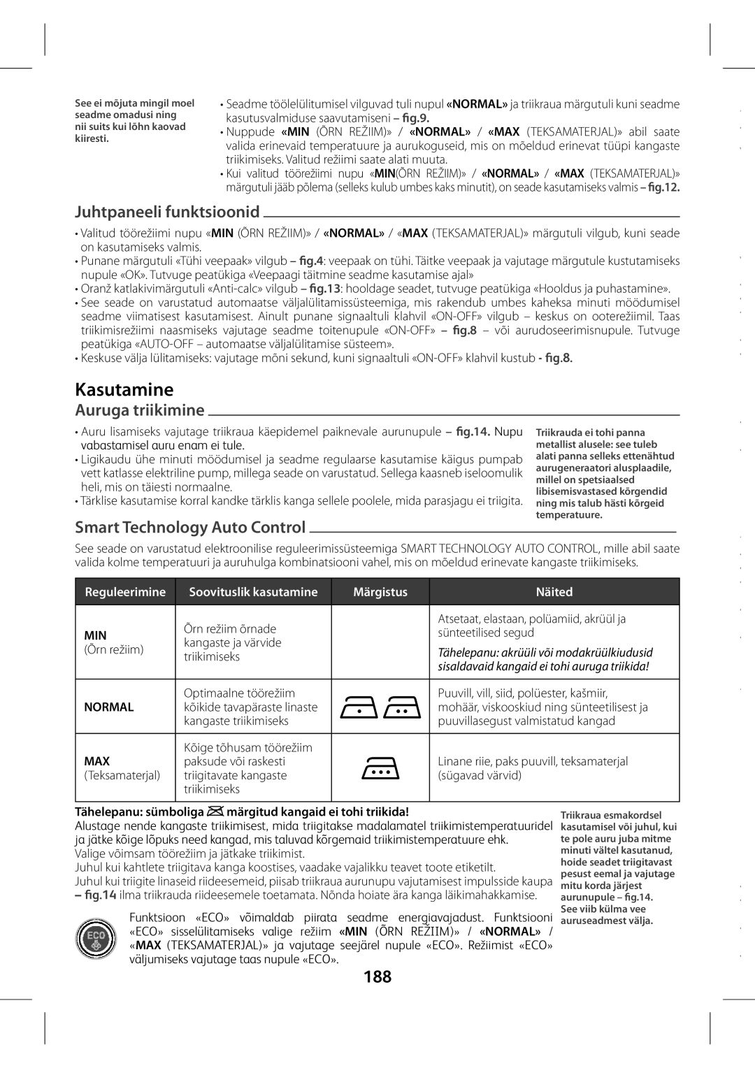 Tefal GV7760C0, GV7760CH, GV7760E0 manual Kasutamine, Juhtpaneeli funktsioonid, Auruga triikimine, 188 