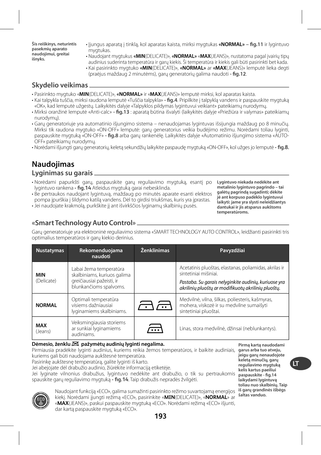 Tefal GV7760E0, GV7760CH, GV7760C0 manual 193, Skydelio veikimas, Lyginimas su garais, «Smart Technology Auto Control» 