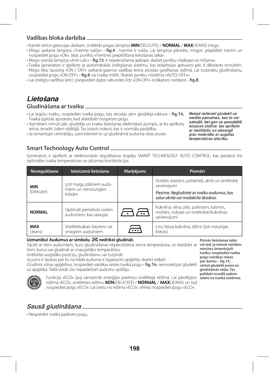 Tefal GV7760CH, GV7760E0, GV7760C0 manual 3PLVtHUH, Vadības bloka darbība, Gludināšana ar tvaiku, ZHCNS\KPUHCtHUH, 198 