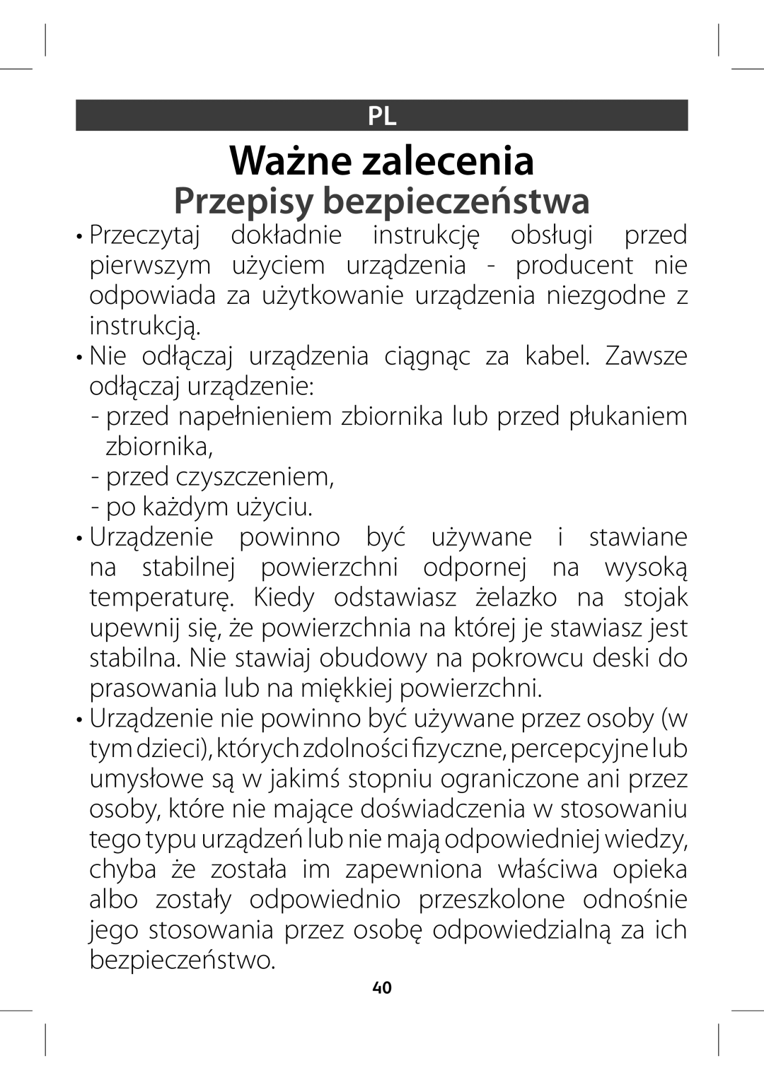 Tefal GV7760E0, GV7760CH, GV7760C0 manual Ważne zalecenia, Przepisy bezpieczeństwa,  QsfeDztdfojfn,  QPLBƒEZNVƒZDJV 