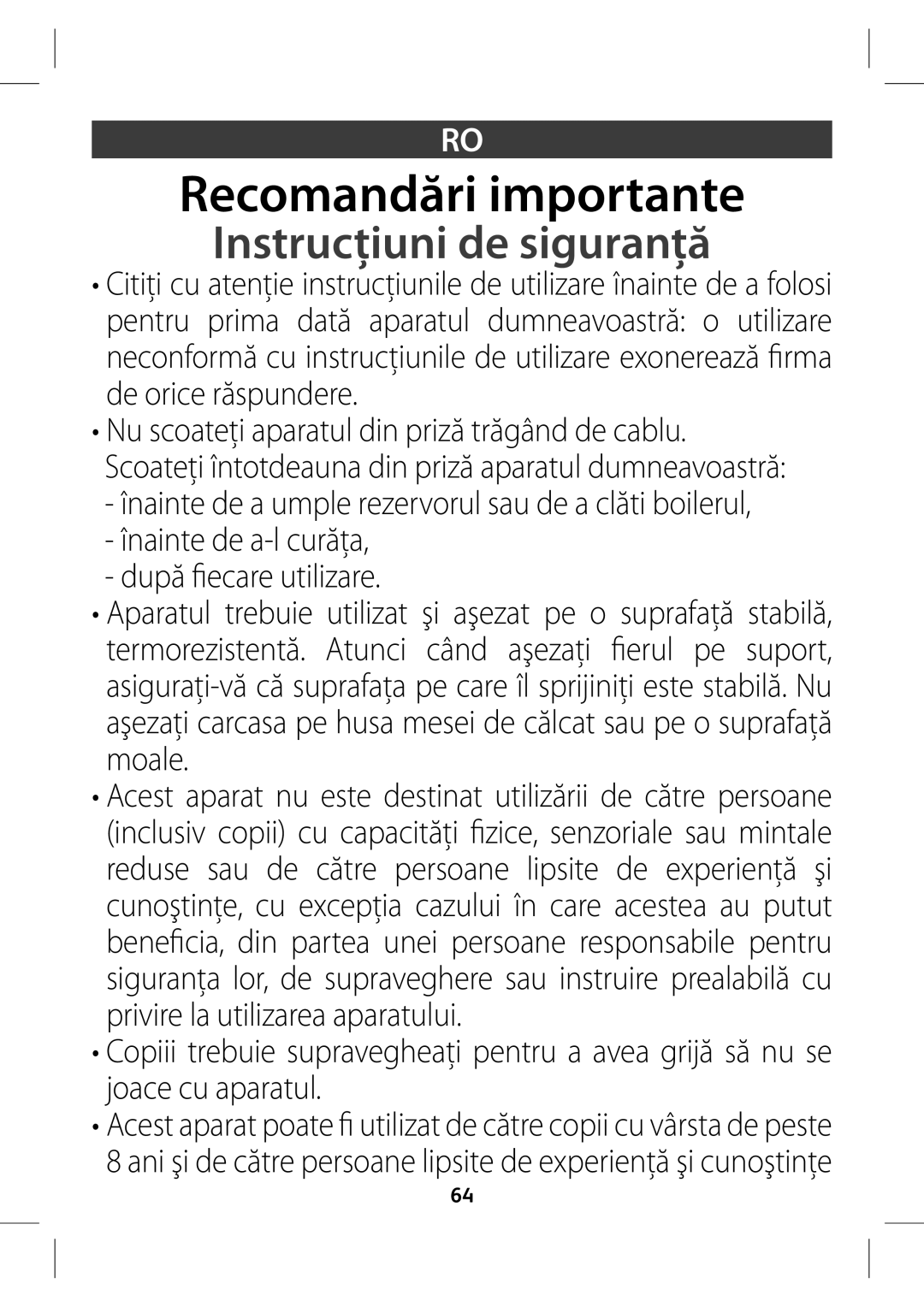 Tefal GV7760E0, GV7760CH manual Recomandări importante, Instrucţiuni de siguranţă, Npbmf, QsjwjsfMbVujmjbsfbBqbsbuvmvj 