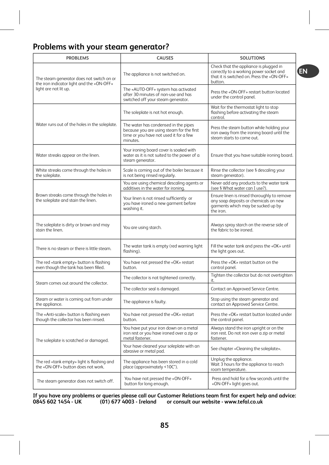 Tefal GV7760E0, GV7760CH, GV7760C0 manual Problems with your steam generator?, 0845 602 1454 UK 01 677 4003 Ireland 