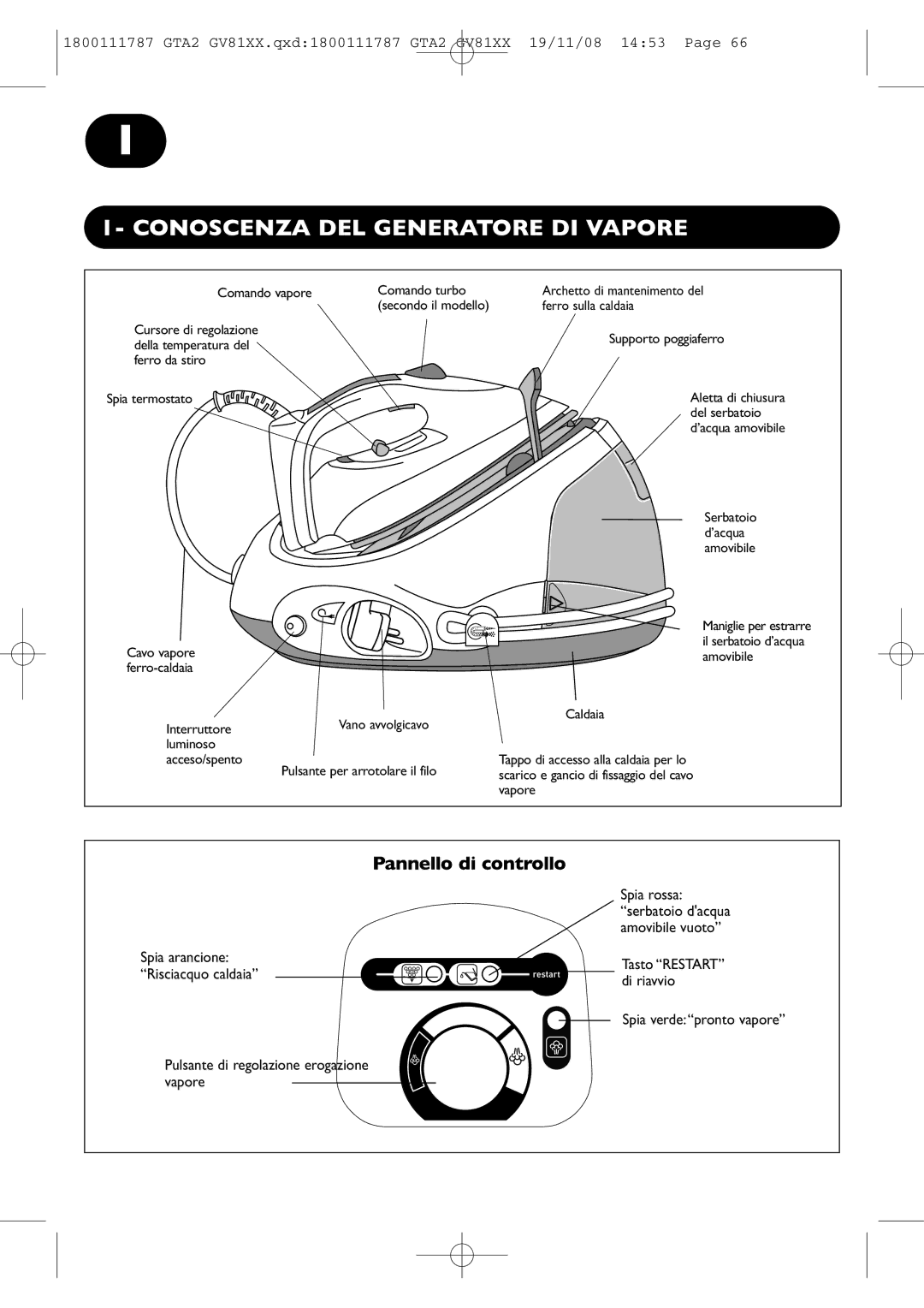 Tefal GV8110S0, GV8110C0, GV8110D7, GV8110E0, GV8110G8 manual Conoscenza DEL Generatore DI Vapore, Spia arancione, Di riavvio 