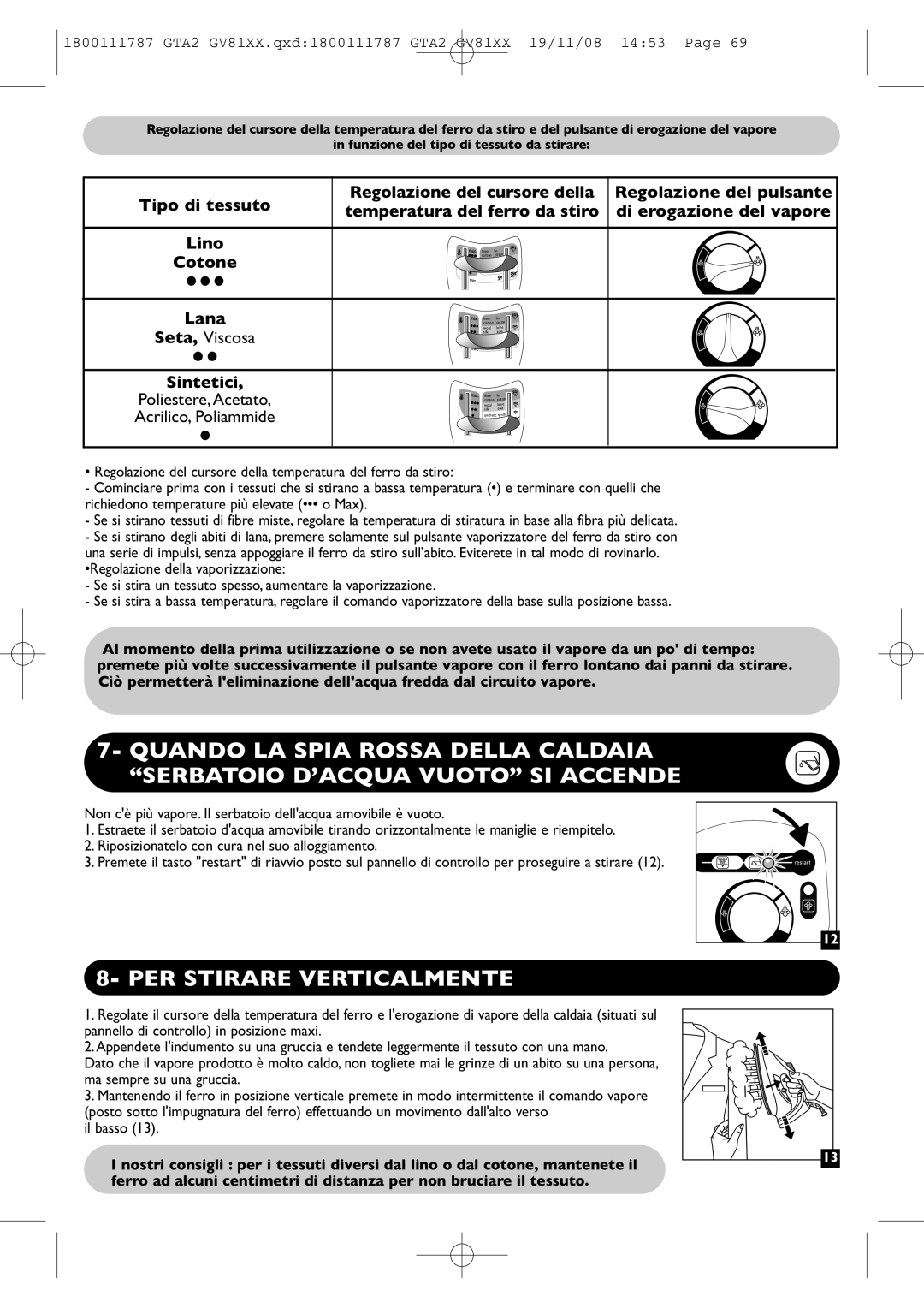 Tefal GV8110D5, GV8110C0, GV8110D7, GV8110E0, GV8110S0, GV8110G8, GV8110G0, GV8110C5 manual PER Stirare Verticalmente, Il basso 