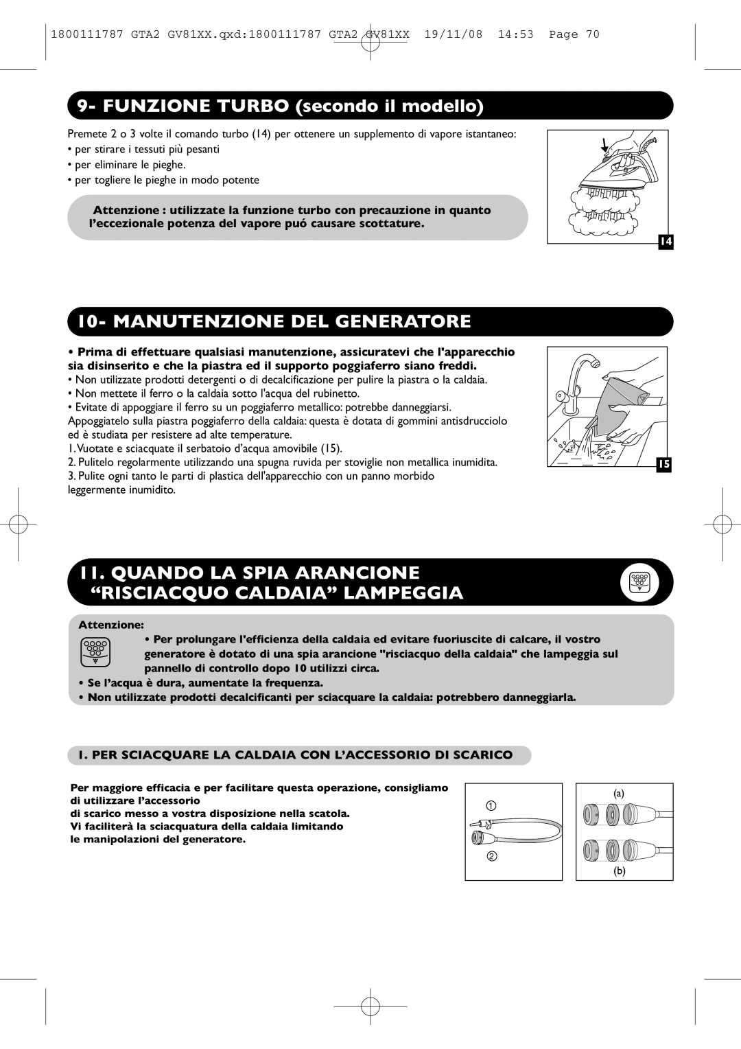 Tefal GV8110C5, GV8110C0, GV8110D7, GV8110E0, GV8110S0 manual Funzione Turbo secondo il modello, Manutenzione DEL Generatore 