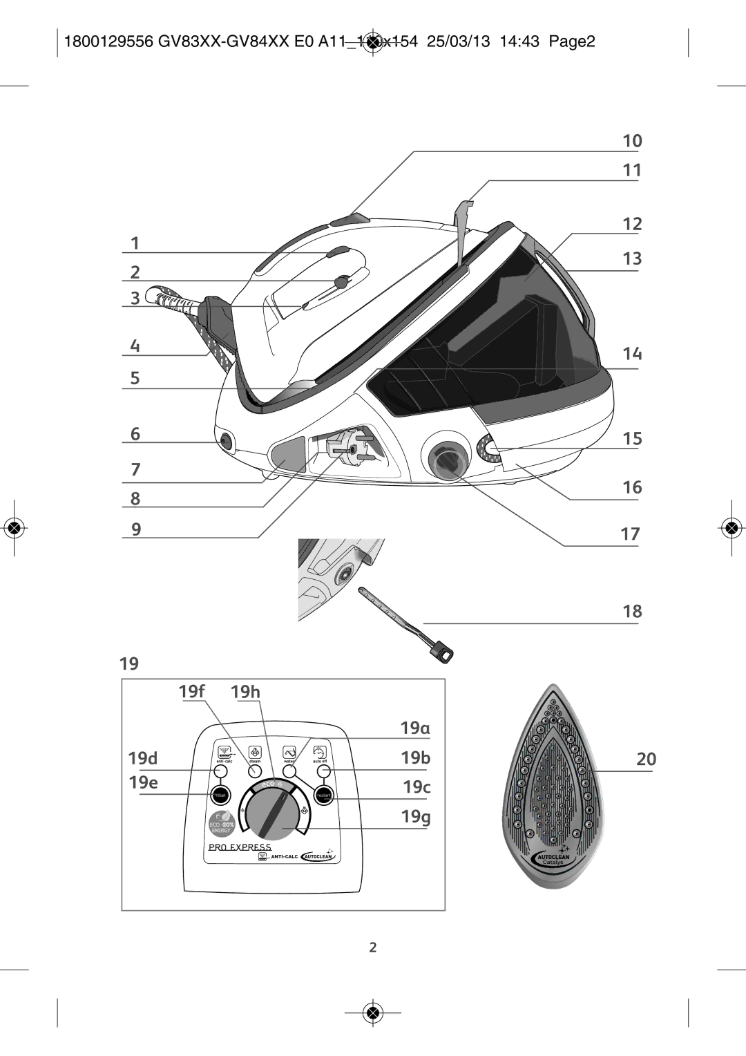 Tefal GV8310C0, GV8310E0 manual 19a 19d 19b 19e 19c 19g, 1800129556 GV83XX-GV84XX E0 A11110X154 25/03/13 1443 PAGE2 