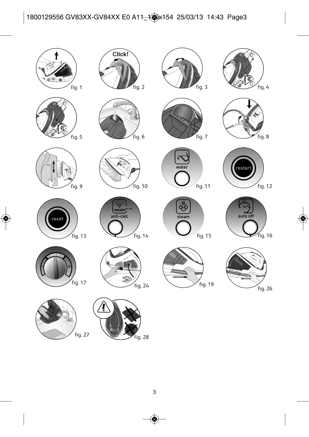 Tefal GV8310E0, GV8310C0 manual 1800129556 GV83XX-GV84XX E0 A11110X154 25/03/13 1443 PAGE3 