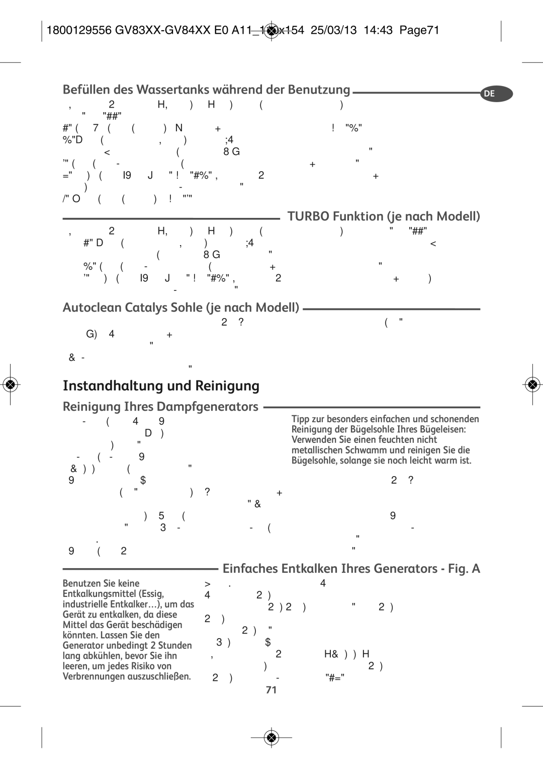 Tefal GV8310E0 1800129556 GV83XX-GV84XX E0 A11110X154 25/03/13 1443 PAGE71, Einfaches Entkalken Ihres Generators Fig. a 