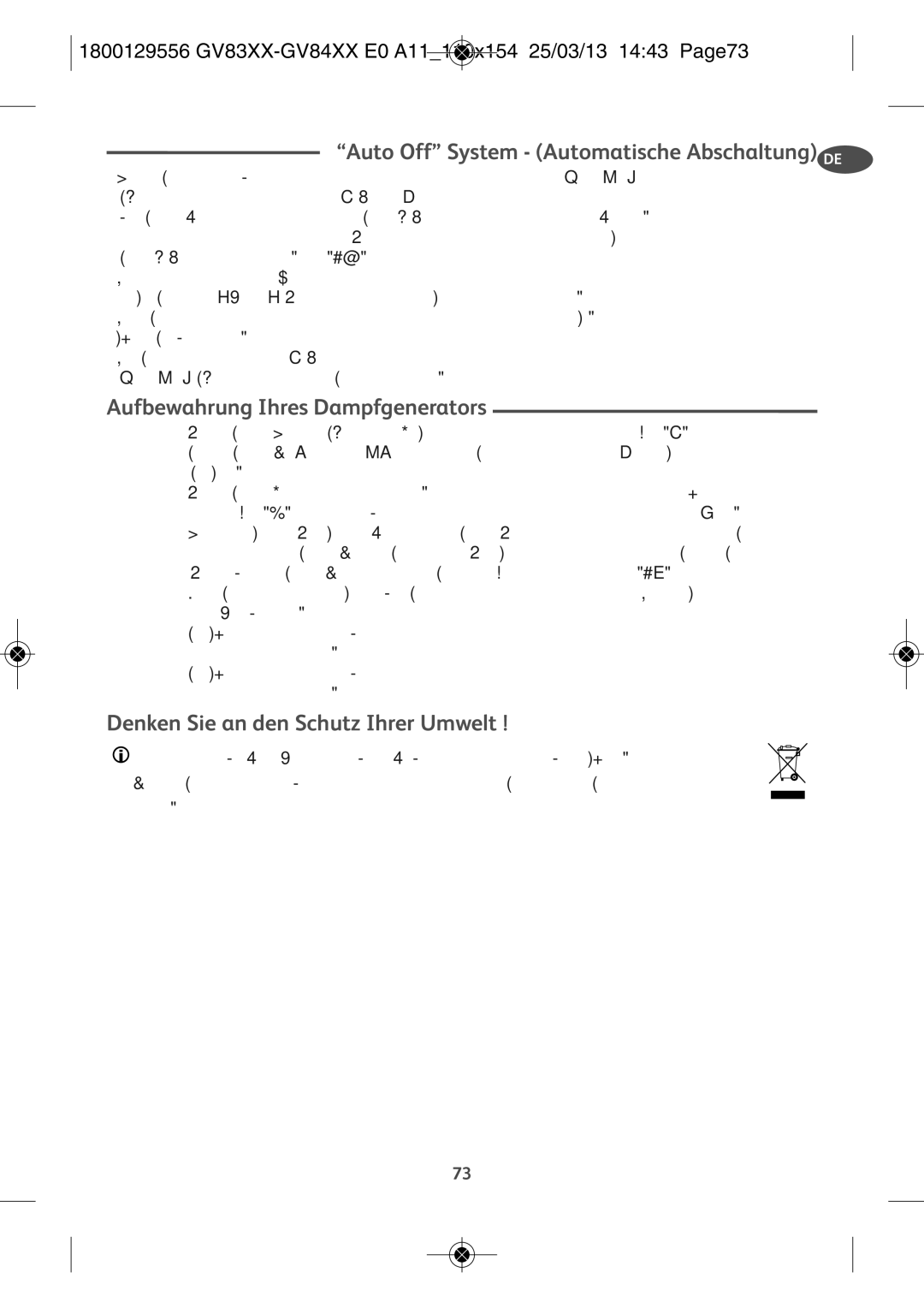 Tefal GV8310E0 manual Auto Off System Automatische Abschaltung, 1800129556 GV83XX-GV84XX E0 A11110X154 25/03/13 1443 PAGE73 
