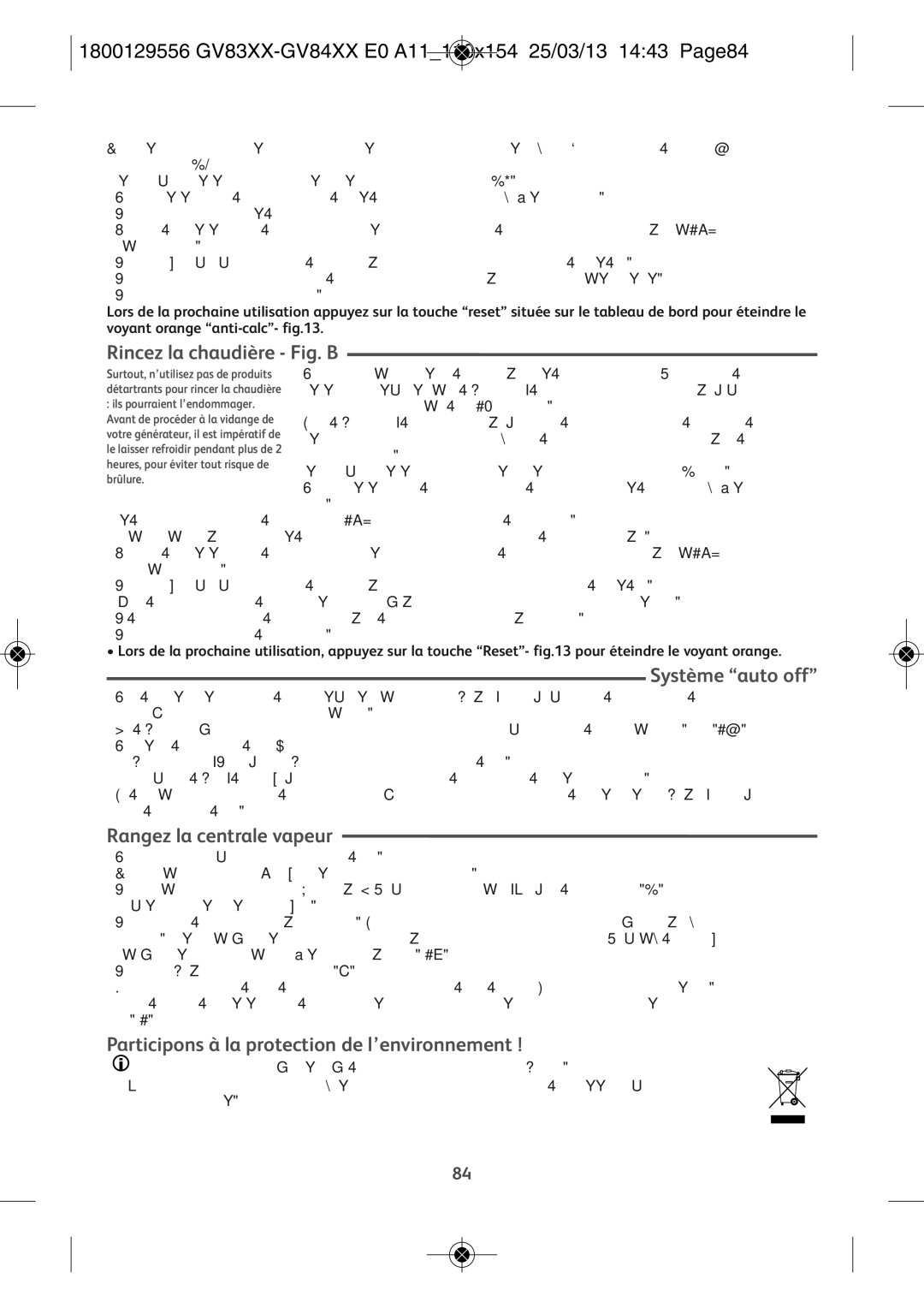 Tefal GV8310C0 1800129556 GV83XX-GV84XX E0 A11110X154 25/03/13 1443 PAGE84, Rincez la chaudière Fig. B, Système auto off 