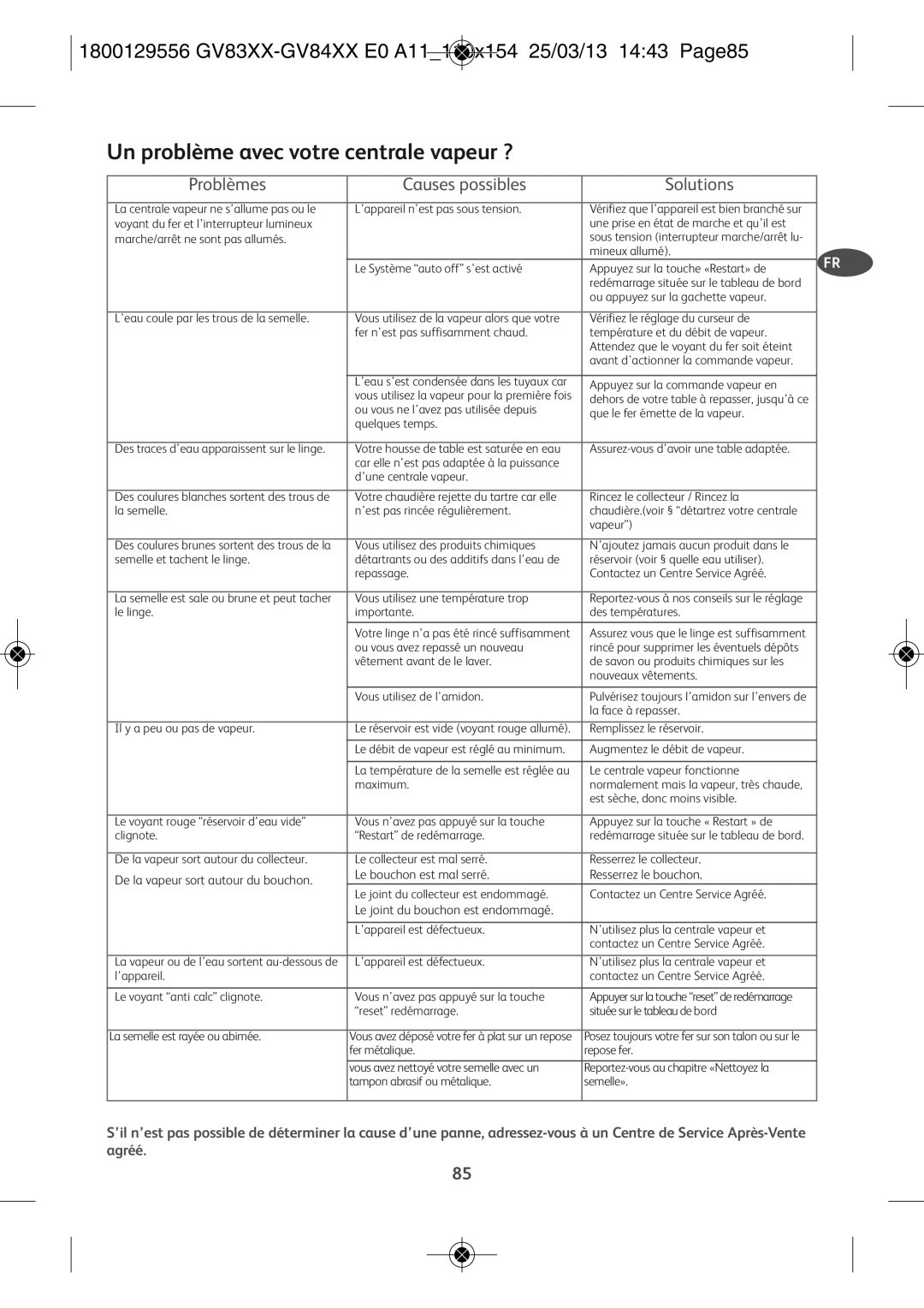 Tefal GV8310E0 manual Un problème avec votre centrale vapeur ?, 1800129556 GV83XX-GV84XX E0 A11110X154 25/03/13 1443 PAGE85 