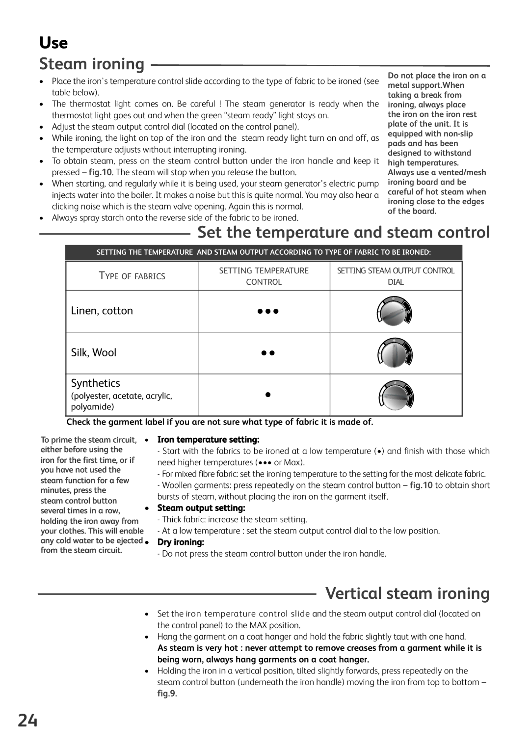 Tefal GV8430S0, GV8430C0, GV8430G0 manual Use, Steam ironing, Set the temperature and steam control, Vertical steam ironing 