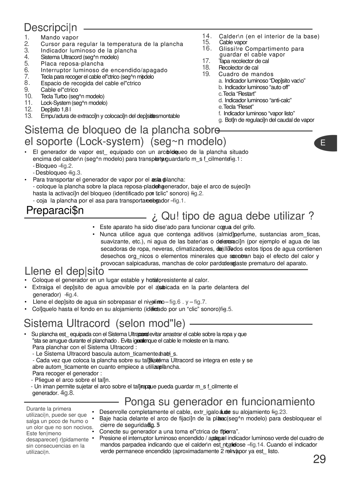 Tefal GV8430C0, GV8430S0, GV8430G0, GV8430E0 Descripción, Preparación, Llene el depósito, Sistema Ultracord selon modèle 